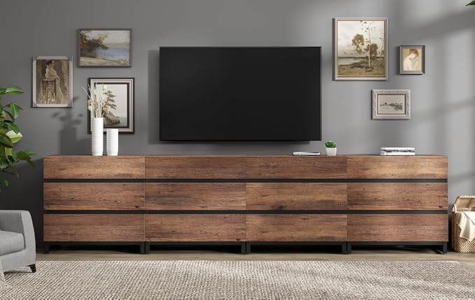 WAMPAT Modern TV Stand for TVs up to 120 inch, Entertainment Center TV Console with 12 Drawers and Metal Base, Media Console for Living Room, Bedroom, Brown