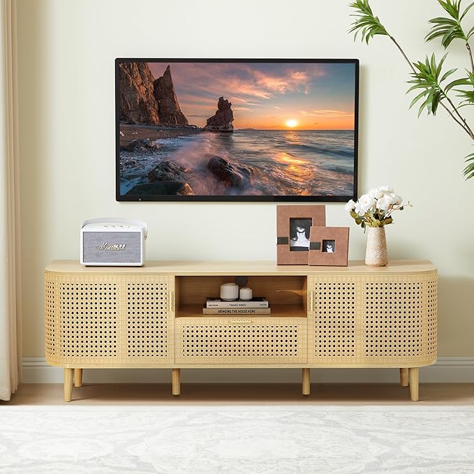 ORRD TV Stand for TVs Up to 65 Inch, Boho Wood Television Stands Media Entertainment Center Console Table with Curved Iron Rattan Doors and Drawer for Living Room - Natural