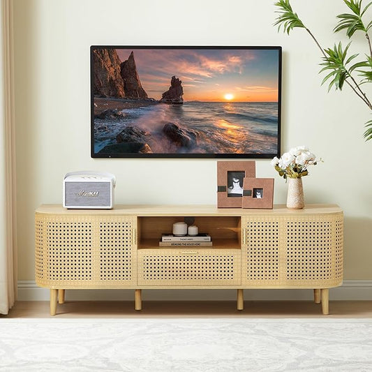 ORRD TV Stand for TVs Up to 65 Inch, Boho Wood Television Stands Media Entertainment Center Console Table with Curved Iron Rattan Doors and Drawer for Living Room - Natural