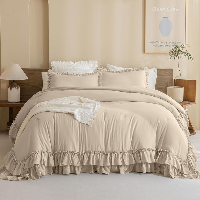 Queen's House Ruffled King Size Comforter Set,Linen Feel Textured Farmhouse Lightweight Fluffy Boho Chic Bedding Comforter,Ultra Soft Microfiber Inner Fill Bedding
