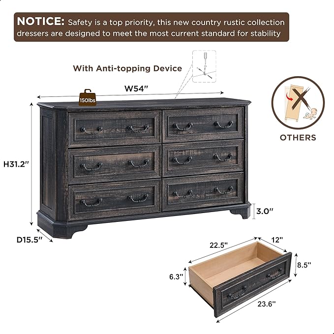 T4TREAM Farmhouse 6 Drawers Dresser for Bedroom, 54" Wide Wood Rustic Chest of Drawers with Natural Texture, Vintage Design, Storage Dressers Organizer for Bedroom, Living Room, Dark Rustic Oak