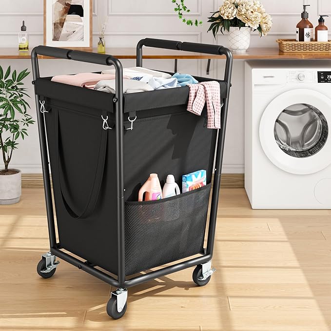 Laundry Basket with Wheels & Handles, 180L Laundry Cart with Removable Bag & Metal Frame for Clothes Storage, Laundry Room Organization Rolling Hamper with Wheels For Laundry, Dorm (Black)