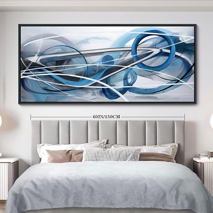 YDYSUNE Large Blue and Gray Painting Wall Art White and Silver Picture for Living Room Modern Living Room Home Bedroom Decoration Blue Framed Artwork Decor 70x31IN
