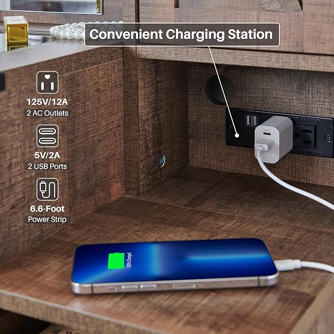 JXQTLINGMU Farmhouse Vanity Makeup Desk with Charging Station, 43" W Vanity Desk with Lights Mirror and Drawers for Makeup, Big Modern Makeup Table Set with Stool for Bedroom, Light Brown