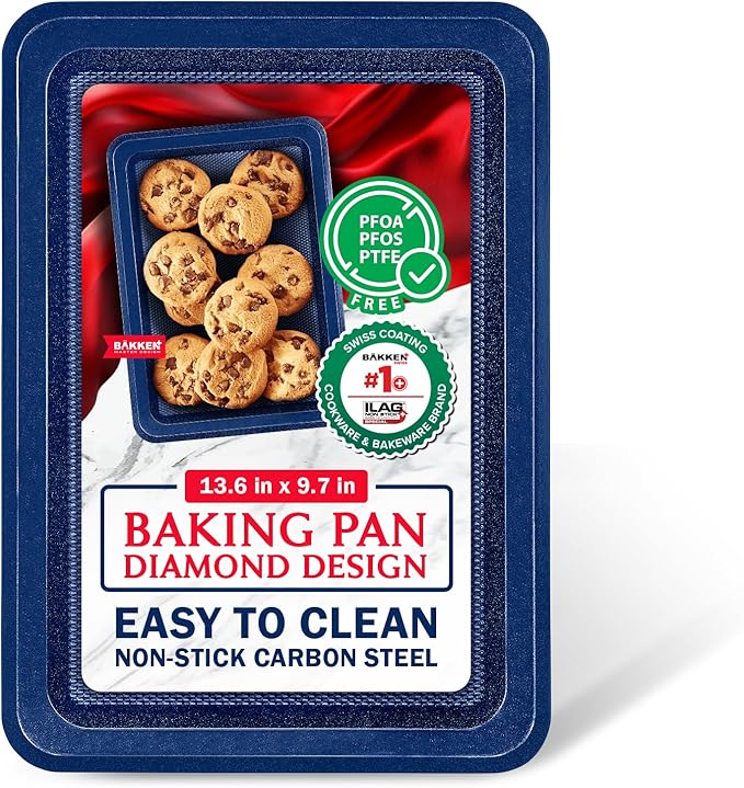 BAKKEN Kitchen Baking Pans - Nonstick Blue Coating, 13.58’’ × 9.65’’ Commercial Grade Carbon Steel Cookie Sheet, Diamond Texture Bottom, PFOA, PFOS, PTFE Free, Oven Safe Tray (450°F), Blue
