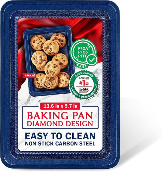 BAKKEN Kitchen Baking Pans - Nonstick Blue Coating, 13.58’’ × 9.65’’ Commercial Grade Carbon Steel Cookie Sheet, Diamond Texture Bottom, PFOA, PFOS, PTFE Free, Oven Safe Tray (450°F), Blue