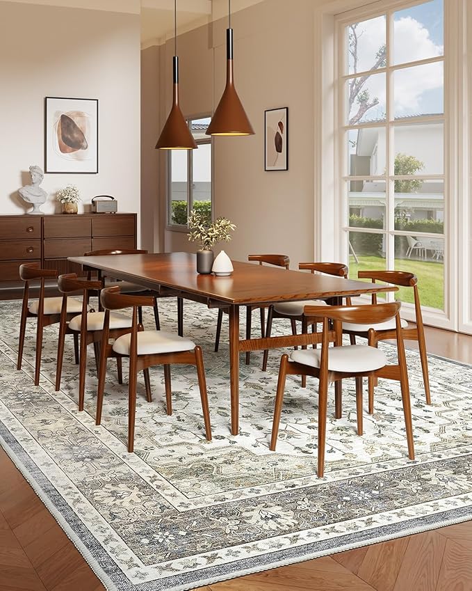 HOMFINE Machine Washable Rug 9'x12' - Vintage Design Area Rugs with Non Slip Rugs for Living Room Bedroom Floral Print Rug Carpet Stain Resistant, Home Decor Office Area Rug, Beige Green