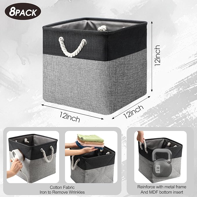 meekoo 8 Pack Collapsible Storage Bins Fabric Storage Bins Polyester Fabric Baskets with Handles Linen Closet Organizer for Shelf Home Closet Towels Toys(12 x 12 x 12in,Black Gray)