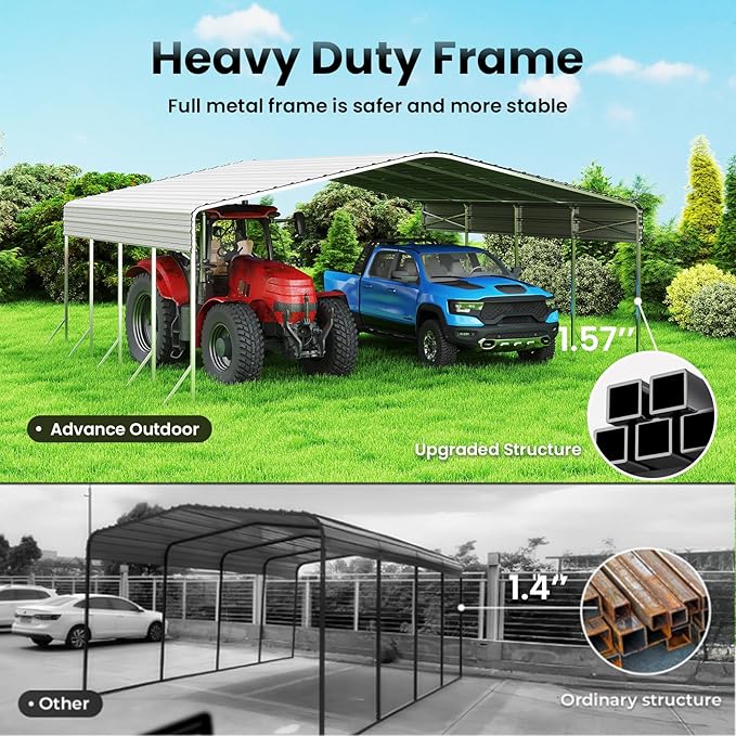 20x20 Carport, Heavy Duty Metal Car Port, All-Weather Protection, Easy Assembly for Cars, Trucks, Boats, Tractors, and Outdoor Storage, White