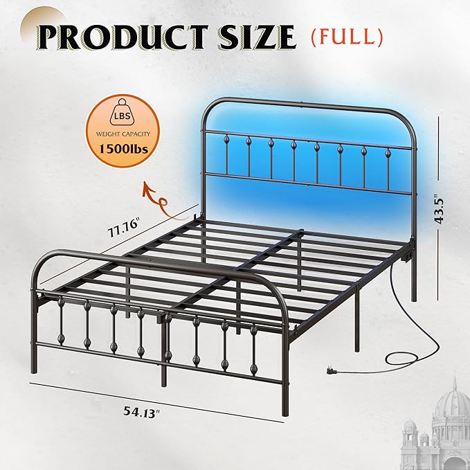 WLIVE Full Size Bed Frame with Headboard, Full Bed Frame with LED Lights and Charging Station, Metal Platform Bed with Storage, Black