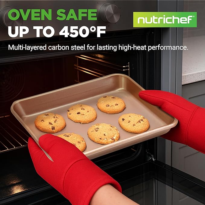 NutriChef Non Toxic Baking Pan, Medium and Large Cookie Sheets, Premium Nonstick Carbon Steel Cookie Pans for Baking - Commercial Grade, Restaurant Quality, Bakeware Set, Easy to Clean - (Set of 2)