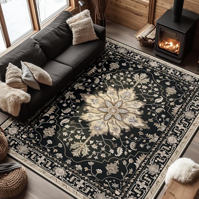 Area Rugs 6'x9' Washable Non-Slip, Floral Vintage Distress Print Pattern Medallion Carpet for Living Room Bedroom Dining Room, Black Brown Neutral Dark Tan