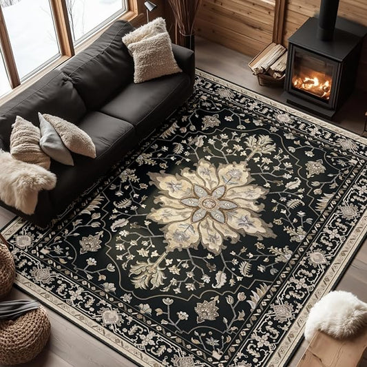 Area Rugs 6'x9' Washable Non-Slip, Floral Vintage Distress Print Pattern Medallion Carpet for Living Room Bedroom Dining Room, Black Brown Neutral Dark Tan