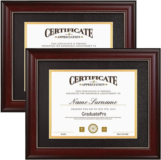 GraduatePro 8.5x11 Diploma Frame with Black Over Gold Mat or Display 11x14 Document Without Mat, CPA License Frame, UV Protection Acrylic, Mahogany with Gold Beads, Pack of 2