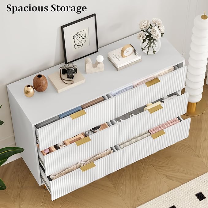 GarveeHome Fluted Wood 6 Drawers Dresser for Bedroom, Large Modern Chest of Drawers, White Dresser with Gold Handle, Wood Drawer Organizer for Bedroom, Living Room, Hallway, Entryway