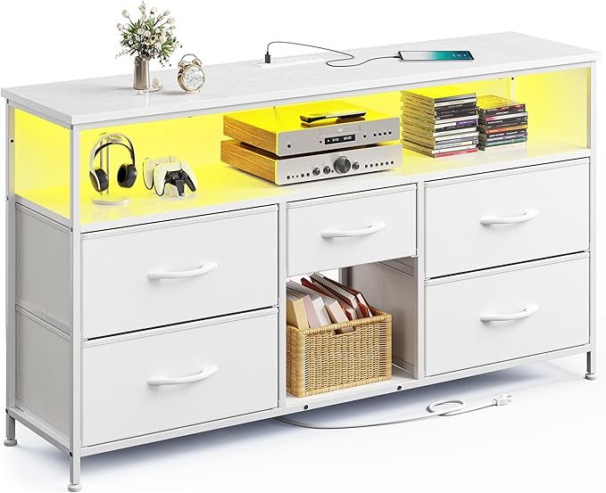 TV Stand Dresser with LED Lights & Power Outlets, Entertainment Center for 50" Inch TV, 5 Drawers TV Stand for Bedroom Dresser with Shelves for Living Room, Sturdy Metal Frame, White