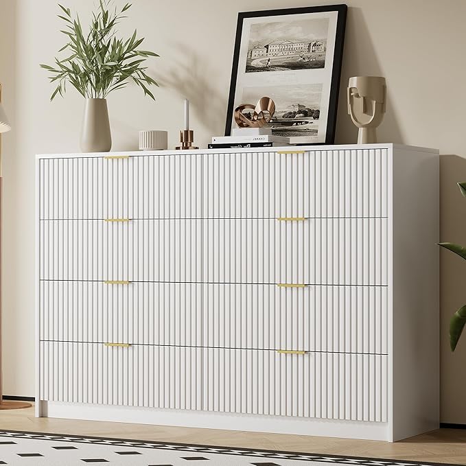 White 8 Drawer Dresser for Bedroom, Modern Dresser with Smooth Slides, Wide Chest of Drawers with Golden Handles for Bedroom, Living Room, Closet, 15.7" D x 55" W x 37.4" H