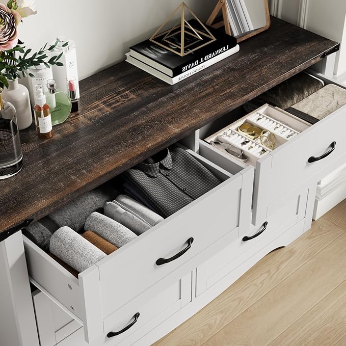 Loomie Farmhouse 6 Drawers Double Dresser for Bedroom, Modern White Dresser Chest of Drawers, Wide Dressers Organizer, Accent Storage Cabinet for Closet, Living Room, Hallway, Antique White