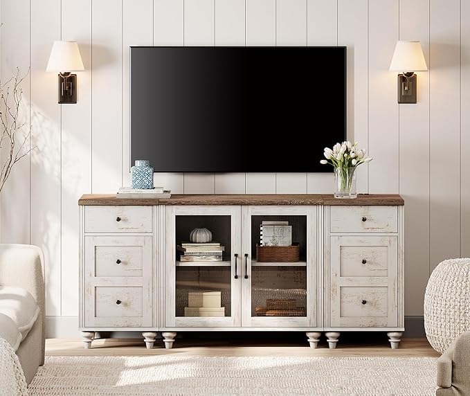 WAMPAT TV Stand for 75 Inch TV, Wood TV Cabinet Entertainment Center with Charging Station, Glass Door Buffet Cabinet for Dining Room, Rustic White