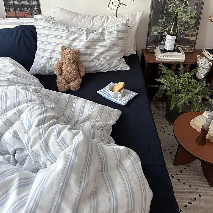 mixinni Vintage Light Blue & White Striped Comforter Set Queen Size - Soft Washed Cotton 3-Piece Bedding Set (1 Comforter + 2 Pillowcases), Retro Geometric Pattern, All-Season Breathable & Fluffy