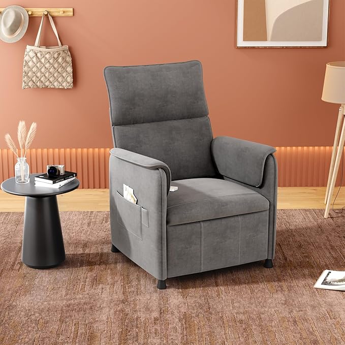 Recliner Chair，Electric Adjustable Flannelette Recliner with Remote Control and Padded Backrest,Home Theater Recliner Single Sofa Seat with Thick Seat Cushion for Living Room Bedroom (Grey)