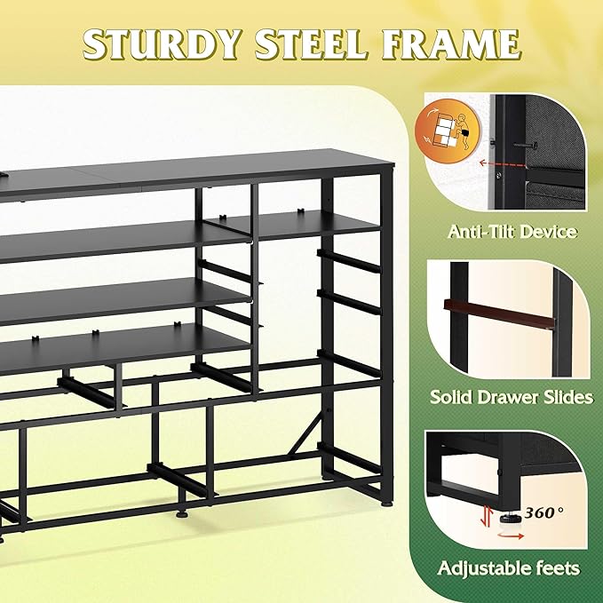 WLIVE Black TV Stand for 55, 60, 65 inch TV, Entertainment Center with LED Lights & Charging Station, TV Media Console Table with 15 Fabric Drawers and Open Shelves for Living Room, Hallway, Wood Topm