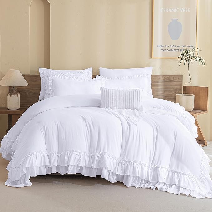 QSH White Comforter Full with Ruffles,3PCs Shabby Boho Chic Farmhouse Bedding Comforter Set Full Size Soft Vintage Fluffy Microfiber White Ruffle Bedding Set