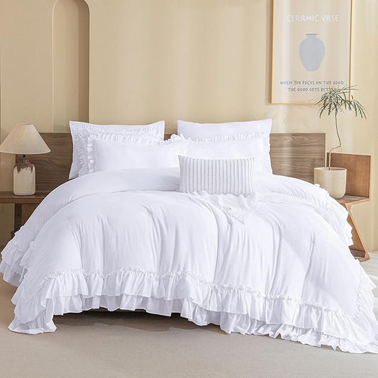 QSH White Comforter Full with Ruffles,3PCs Shabby Boho Chic Farmhouse Bedding Comforter Set Full Size Soft Vintage Fluffy Microfiber White Ruffle Bedding Set