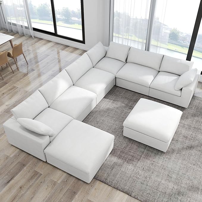 JACH 160" Cloud Sectional Couch, Overzised Down Filled Couch, 8 Seater Convertible Modular Cloud Sofa for Living Room, Minimalist Deep Seat Modern Couches,Sofa Cover Removable, White