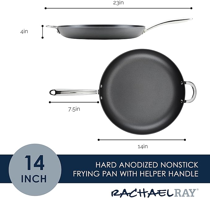 Rachael Ray 80089 Professional Hard Anodized Nonstick Frying/Fry Pan/Skillet with Helper Handle, 14 Inch - Gray