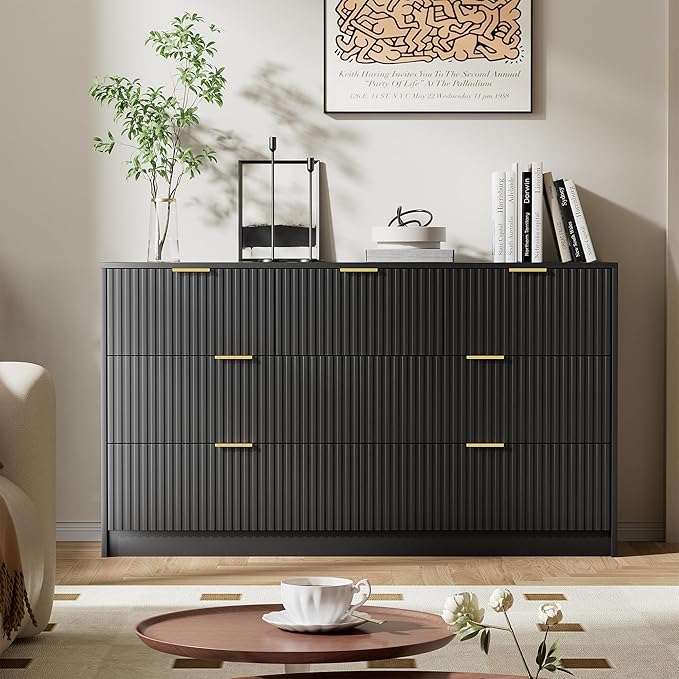 Black Dresser for Bedroom, Modern Dresser with 7 Drawers and Smooth Slides, Wide Chest of Drawers with Golden Handles for Bedroom, Living Room, Closet, 15.7" D x 55.1" W x 31.4" H