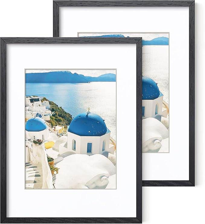 Axeman 12x16 Picture Frame with Mat for 8.5x11, Solid Oak Wood Frame with Tempered Real Glass, Wooden Certificate Document Frame for Wall with Wall Hook Included, Set of 2, Black