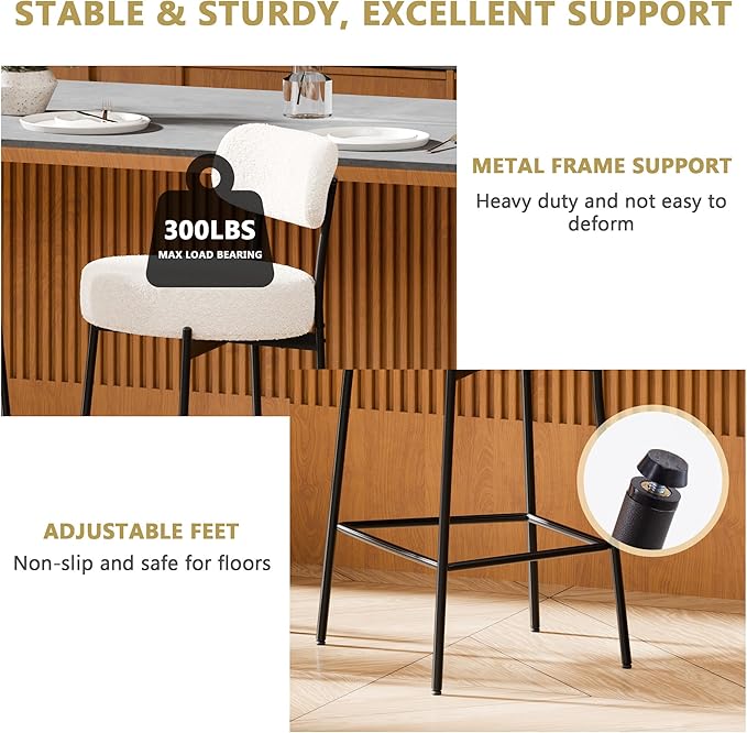 DYHOME Bar Stools Set of 2, 24 Inches White Boucle Bartools Counter Height Bar Stool with Curved Back Metal Legs, Modern Upholstered Barstools Chairs for Kitchen Island, Cafe