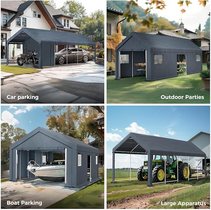 GREEN PARTY Carport, 13'x24' Extra Large Heavy Duty Carport with Roll-up Windows, Waterproof & 12 Legs Car Canopy Portable Garage Shelter with Removable Sidewalls & Doors for Car, Truck, SUV, Boat