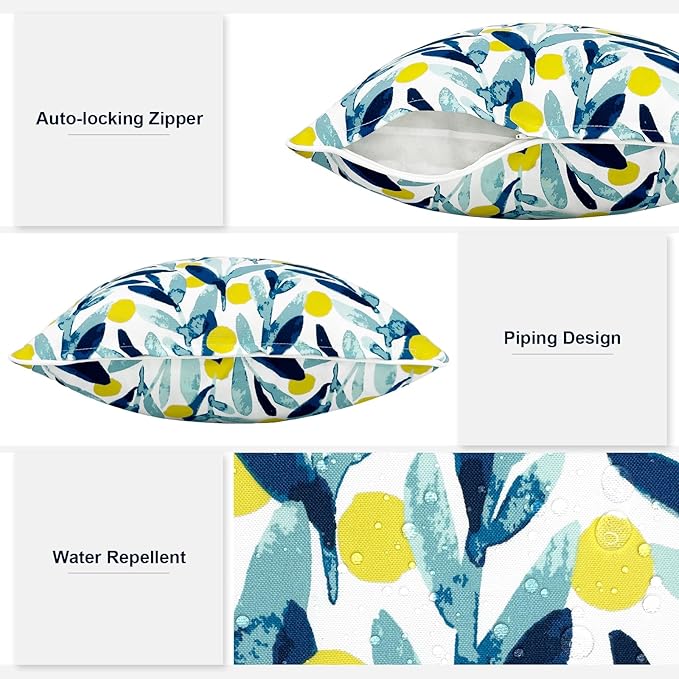 Outdoor Throw Pillow Covers Pack of 2, Decorative Water Repellent Square Pillow Cases with Piping 18x18 Inch, Patio Pillowcases for Home Patio Furniture Use, Leaves Multi