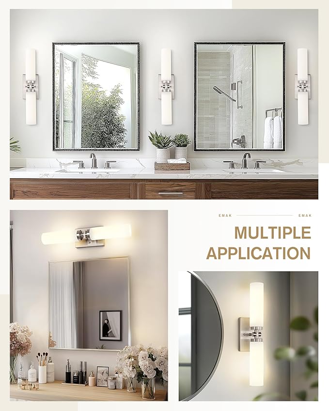 Emak Brushed Nickel Vanity Light, 21 Inch Cylinder Bathroom Lighting Fixtures Over Mirror, Modern 2-Light Wall Sconce with Milk Glass Shade, VL086-BN-ML-2