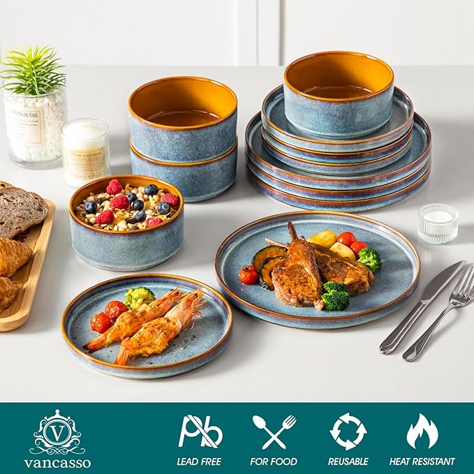 vancasso ONION Ceramic Plates and Bowls Sets, 12 Pieces Blue Dinnerware Sets for Kitchen, Reactive Glaze Dishes Set for 4, Dishwasher and Microwave Safe