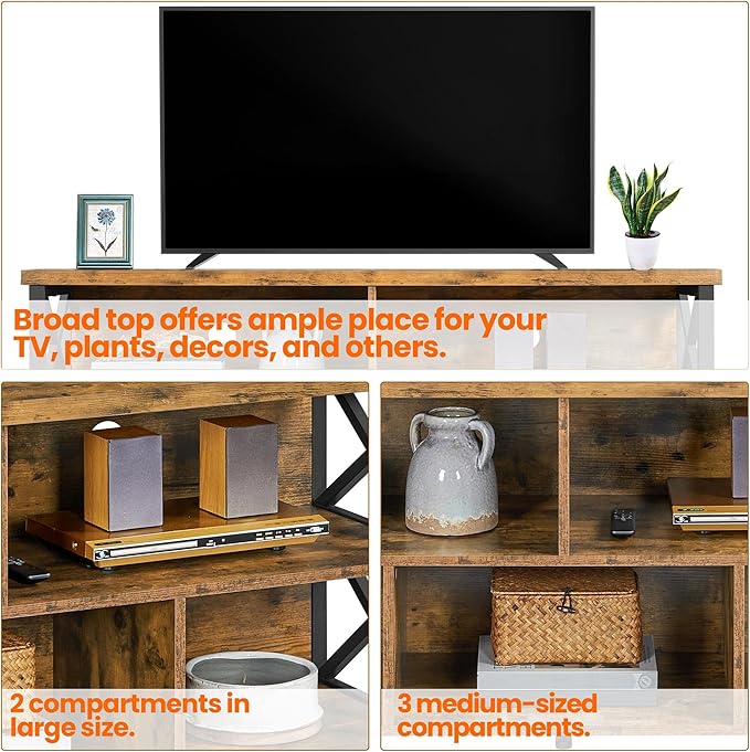 Yaheetech TV Stand for Living Room, Industrial Entertainment Center for 65 Inch TV, Rustic TV Console Stand with Storage Cabinets Wood and Metal, Rustic Brown