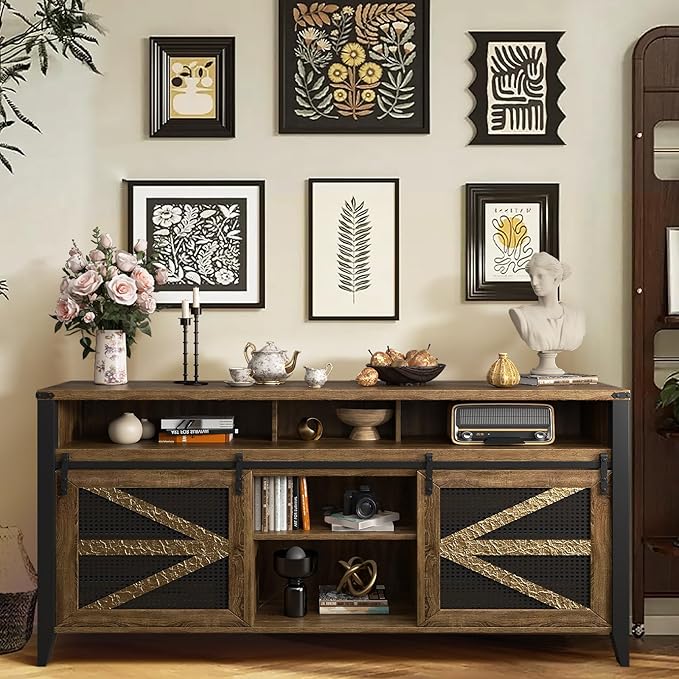 VFK 70 Inch TV Stand for TVs up to 70", Rustic Farmhouse Media Console with Sliding Barn Doors, 6 Drawers, Entertainment Center for Living Room