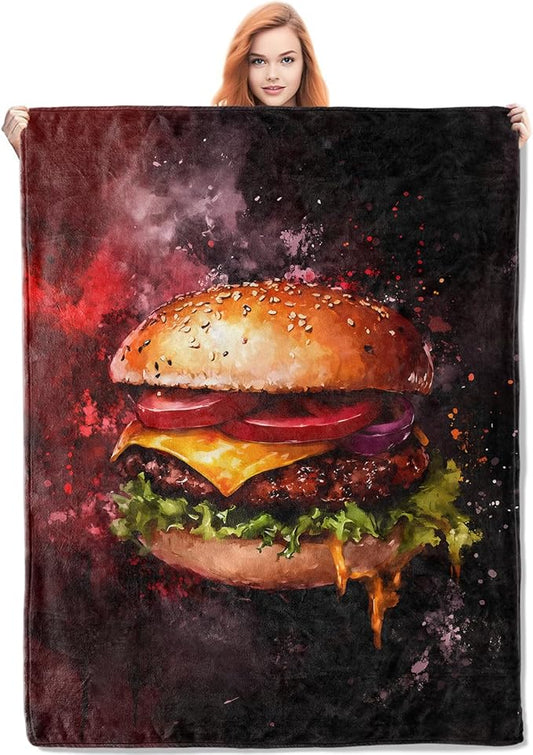 Juicy Cheeseburger Flannel Blanket, Hamburger Gifts, Food-Themed Blanket for Women, Soft Lightweight Throw Blankets for Bed Home Travel Decor 50" x 60"