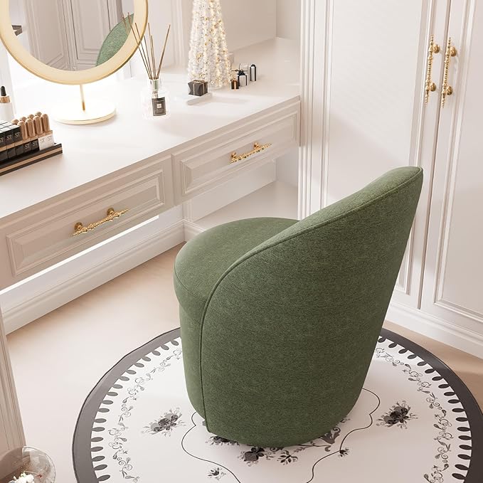 YOUNIKE Vanity Bench Boucle Fabric Green Solid Wood Swivel Accent Chair with Backrest Easy Assembly Dressing Stool for Bedroom & Makeup Room
