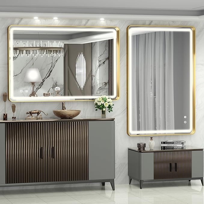 Hasipu 40×30 Inch LED Bathroom Mirror with Lights, Gold Metal Framed Bathroom Light Mirror for Vanity Anti-Fog, Dimmable, 3 Colors (Horizontal/Vertical)