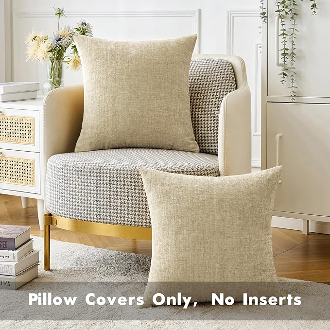 MIULEE Pack of 2 Beige Throw Pillow Covers 18x18 Inch Soft Chenille Pillow Covers for Sofa Living Room Couch Solid Dyed Cases Not Pillow Inserts