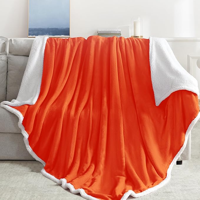 BEAUTEX Orange Sherpa Fleece Throw Blankets, Soft Fluffy Flannel Plush Blanket and Throw, Fuzzy Cozy Fall Halloween Blankets for Couch Bed Sofa Adults (50" x 60",)