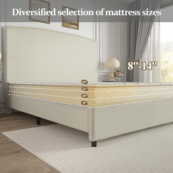 King Size Bed Frame with Upholstered Headboard, 56" Modern Platform Bed, Soft Boucle Fabric & Gold Nailhead Trim, No Box Spring Required, Cream