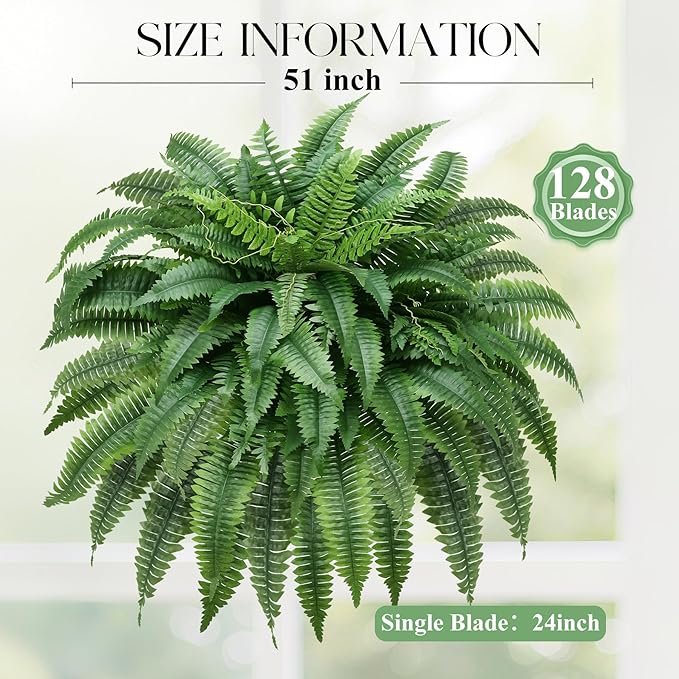 Set of 2 UV-Resistant Fake Boston Fern Bush with 128 Branches, 51" Large Faux Ferns for Outdoors, Artificial Fern Plants for Outdoor & Indoor Decor Office & Living Room Decor（Pot is not Included）