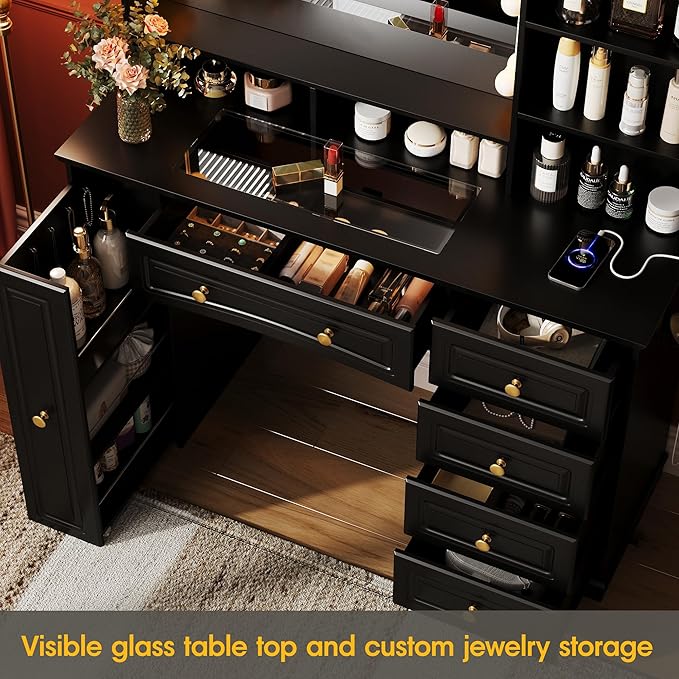 Maupvit Makeup Vanity with Mirror and Lights,Black Vanity Desk with Drawers and Shelves，Large Makeup Table with Glass Top，Bedroom Dressing Table,47.1in