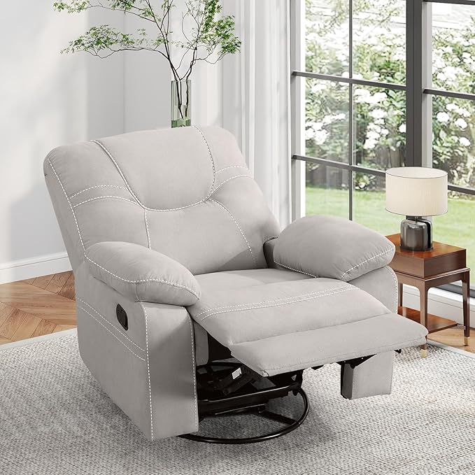 ANJ Oversized Swivel Rocker Recliner Chair for Adults, Manual Rocking Recliner Glider Recliner Nursery Chair Clearance with Decorative Stitching Soft Fabric Thick Cushion for Living Room Bedroom