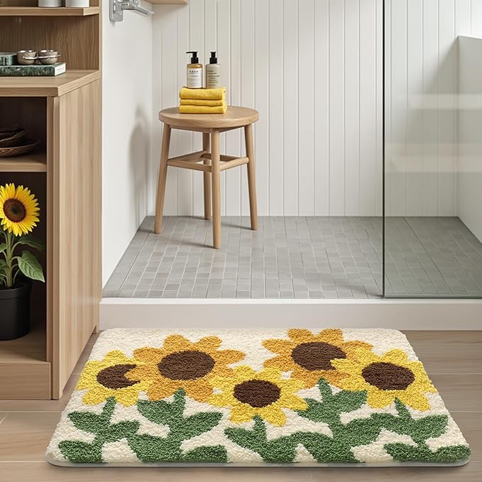 LUMI Bathroom Rug 16x24, Soft Absorbent Microfiber Bath Mats, Non-Slip Machine Wash Bath Mats for Bathroom, Shower and Bathtub Floor, Sunflower