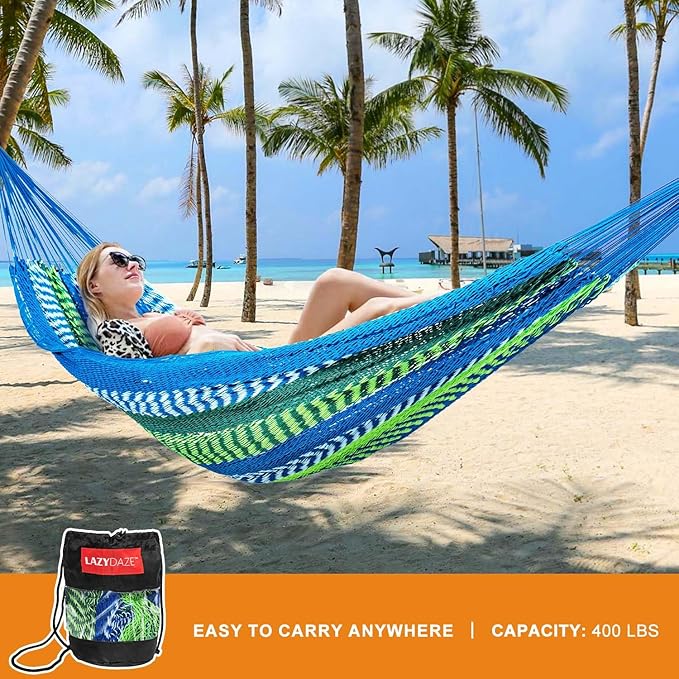 Lazy Daze Hammocks Handwoven Mayan Hammock, 10.5 FT Soft Rope Double Hammocks, Portable Outdoor Hammock with Carry Bag, 2 Straps & carabiners for Patio Outside, 550 lbs Weight Capacity, Blue/Green